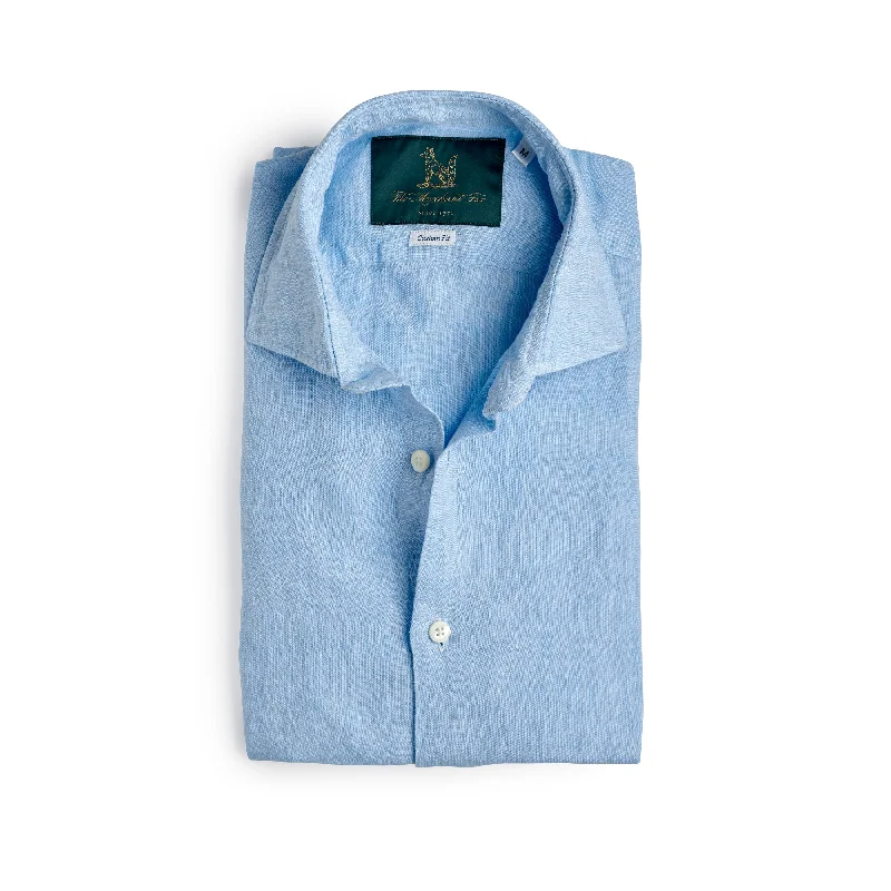 Men's Solid-Color Block Shirts for a Bold StatementSpread Collar Linen Shirt in Light Blue